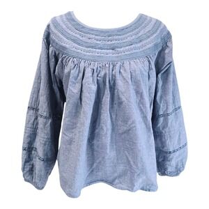 Gap Peasant Top Blue Indigo Lace Trim Long Sleeve‎ Blouse Womens Size M